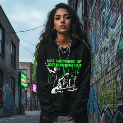 Hoodie - Burnout Green Day Person wearing a black hoodie with a graphic design and text on a white background