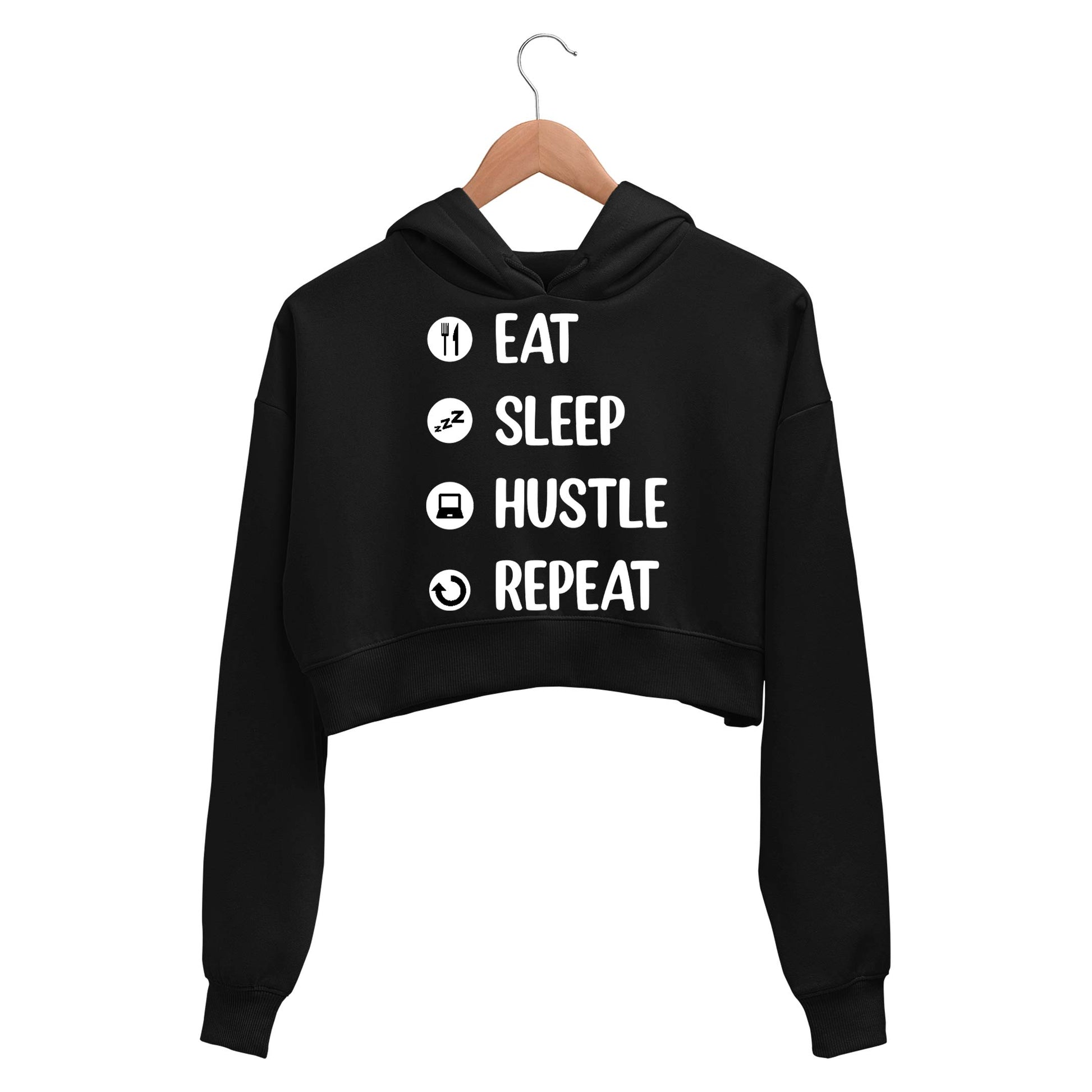 printed eat sleep hustle repeat crop hoodie hooded sweatshirt upper winterwear printed graphic stylish buy online india the banyan tee tbt men women girls boys unisex black 