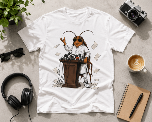 White graphic t-shirt featuring a cockroach dressed as a politician giving a speech at a podium with microphones, flat lay product shot with camera and coffee Cockroach Janta Party CJP