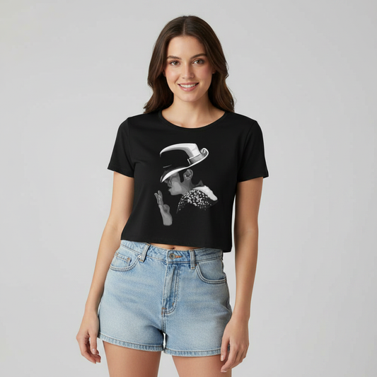 Model wearing Michael Jackson artwork crop top