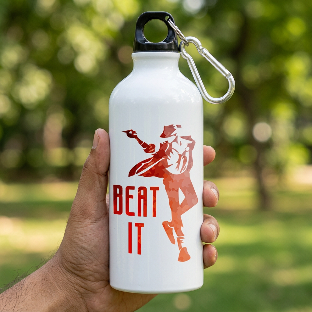 Hand holding the Beat It metal sipper bottle outdoors