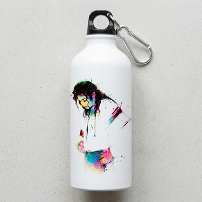 Flat-lay close-up of Moonwalker metal sipper bottle showing its printed artwork