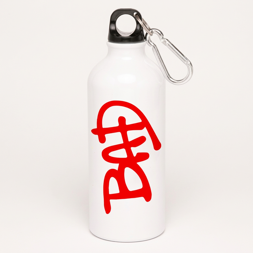 Upright white BAD metal sipper bottle on a clean light background showing original red artwork