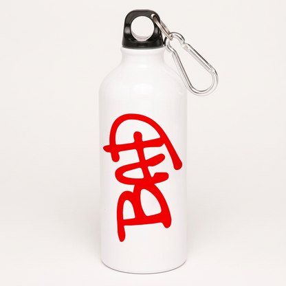 Upright white BAD metal sipper bottle on a clean light background showing original red artwork