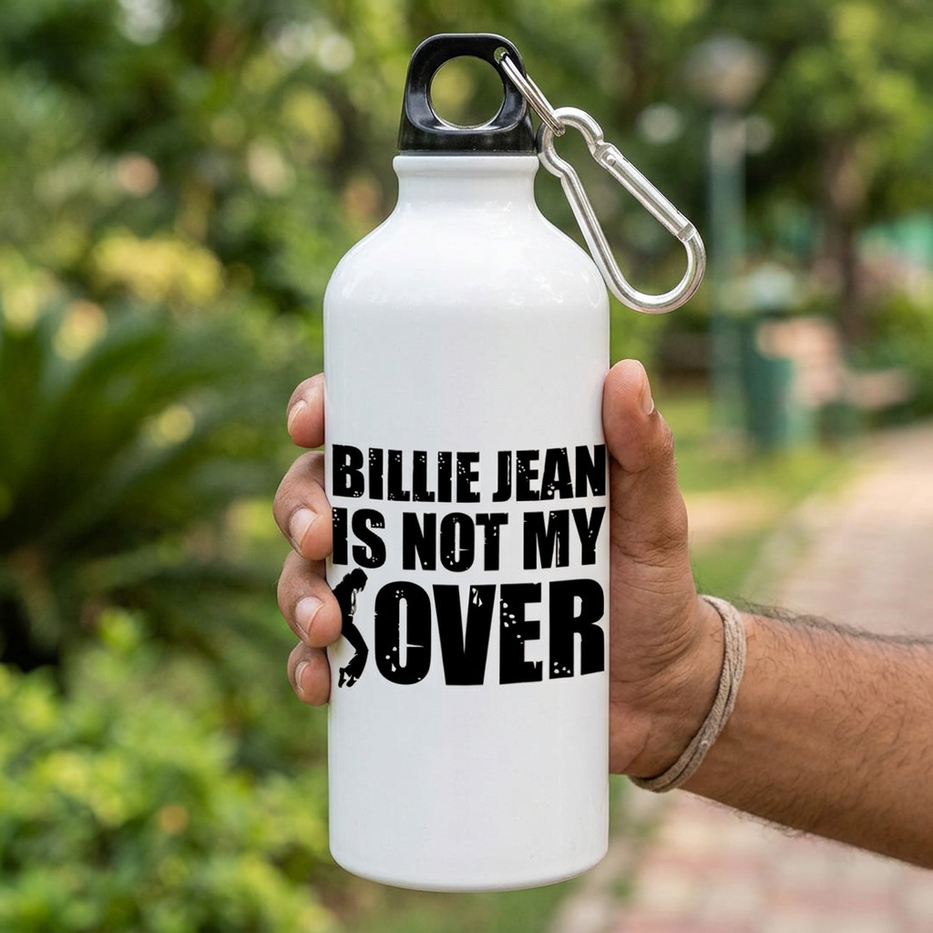 Hand holding a white metal sipper bottle upright outdoors