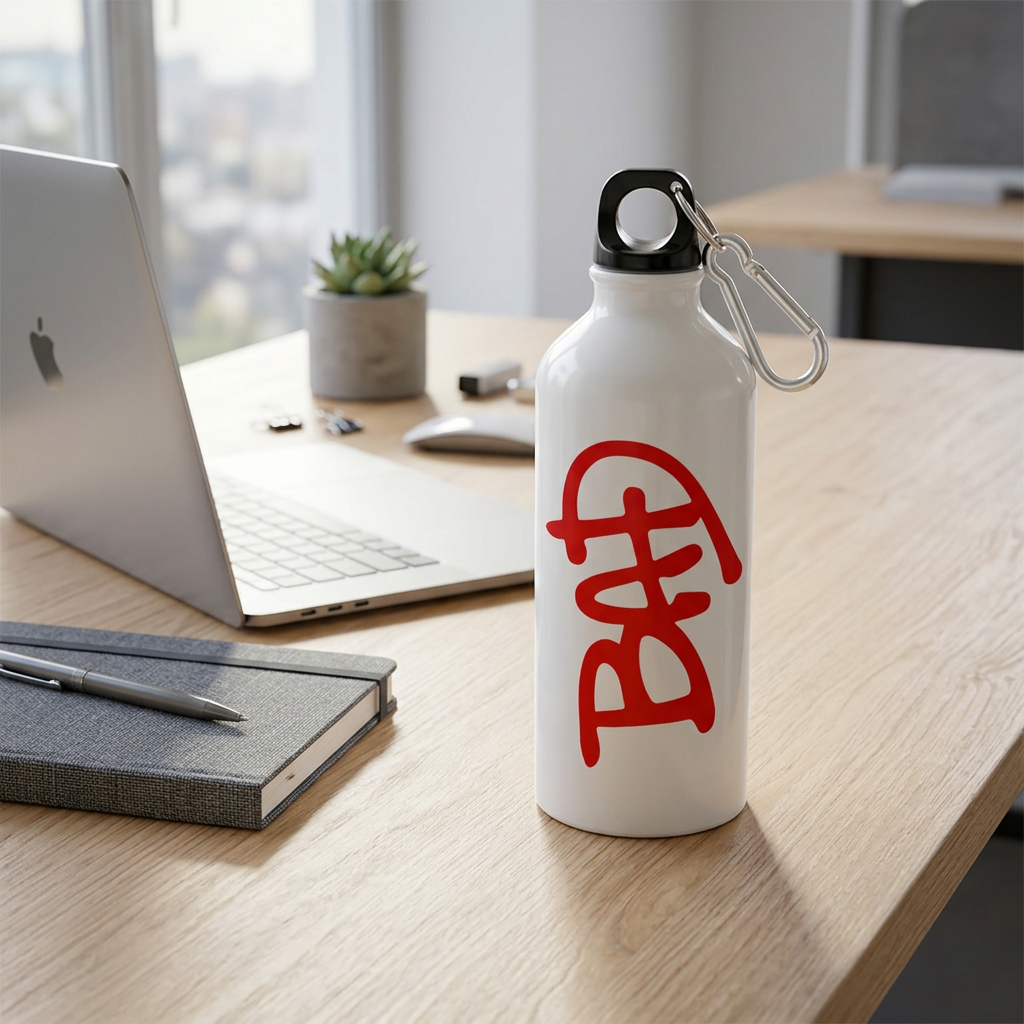 White BAD metal sipper bottle on an office desk beside a laptop and notebook