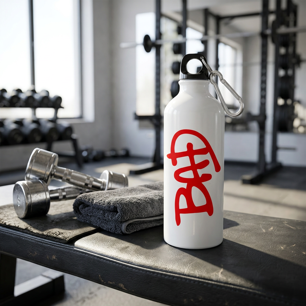 White BAD metal sipper bottle on a gym bench beside dumbbells and a towel