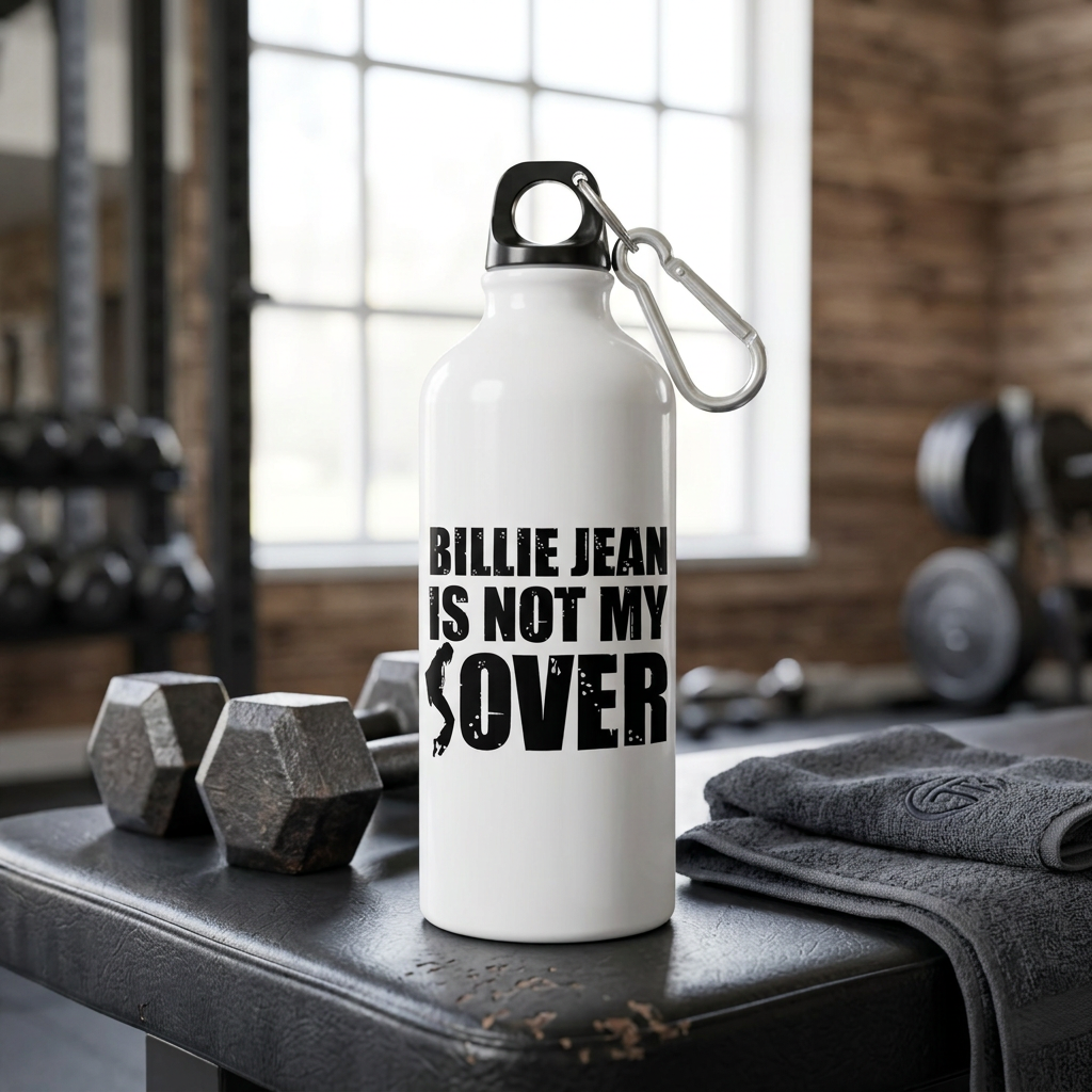 White metal sipper bottle standing upright on a gym bench beside dumbbells and a towel
