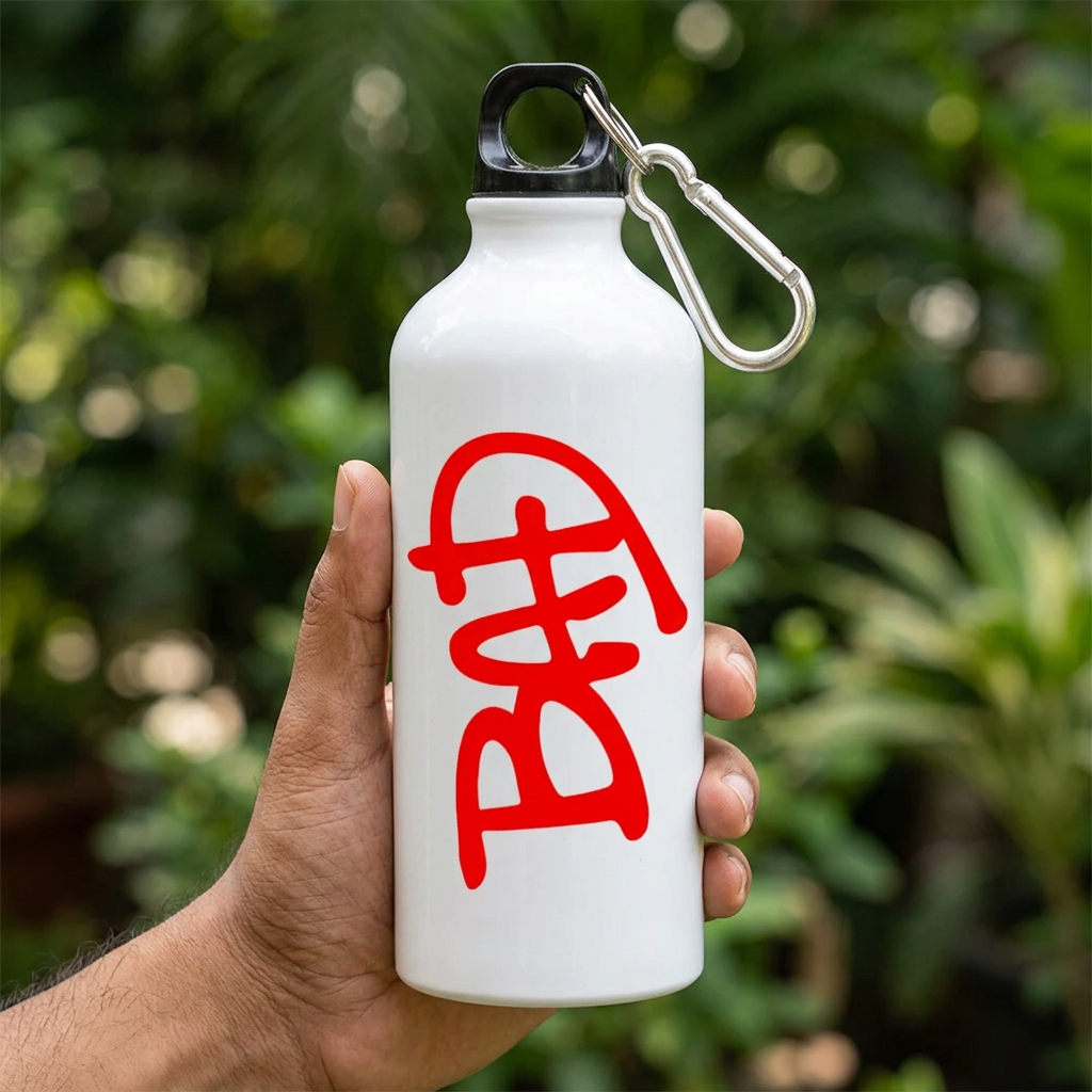Hand holding white BAD metal sipper bottle outdoors