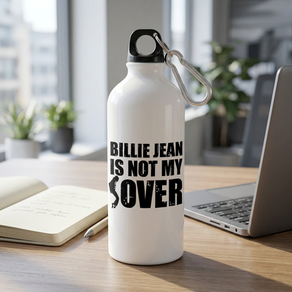 White metal sipper bottle standing upright on an office desk beside a laptop and notebook