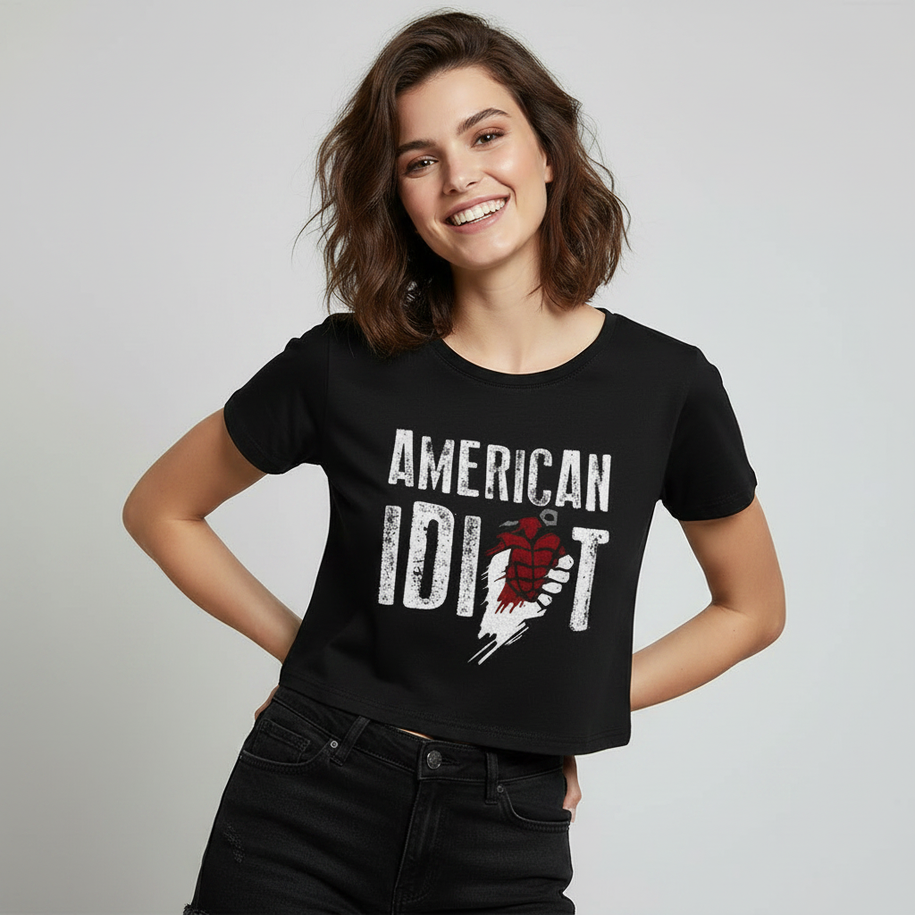 Model wearing American Idiot crop top - editorial studio shot