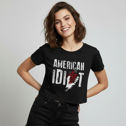 Model wearing American Idiot crop top - editorial studio shot