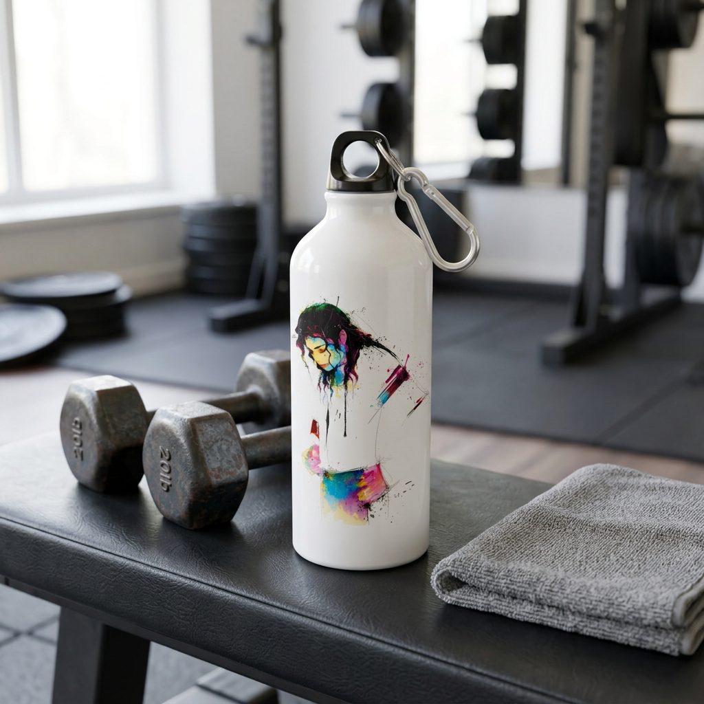 Moonwalker metal sipper bottle on a gym bench beside dumbbells and a towel