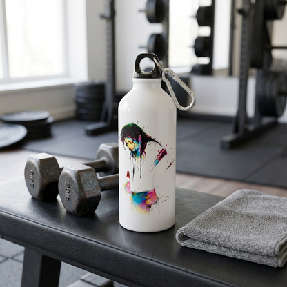 Moonwalker metal sipper bottle on a gym bench beside dumbbells and a towel