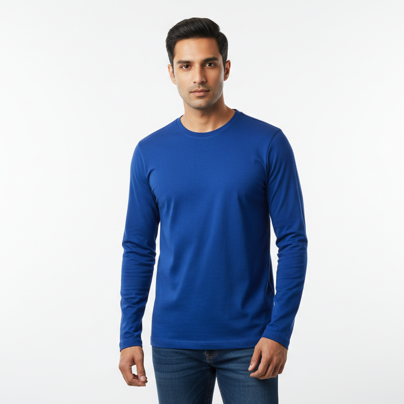 Indian model wearing a royal blue full sleeve round neck t-shirt in studio setting