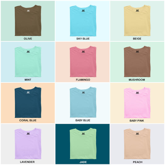 Pastel Paradise Combo Pack Of 12 Multicolor combo Premium cotton T-shirt unisex tees half sleeve crew neck regular fit T-shirt colors available olive sky blue beige mint flamingo mushroom coral blue baby blue baby pink lavender jade peach