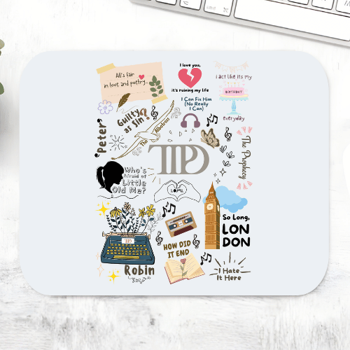 Taylor Swift A Poet's Doodle mousepad covered in Tortured Poets Department doodles – typewriter, Big Ben, cassette tape and TTPD logo – on a pale grey mouse pad – non-slip desk mouse mat, The Banyan Tee