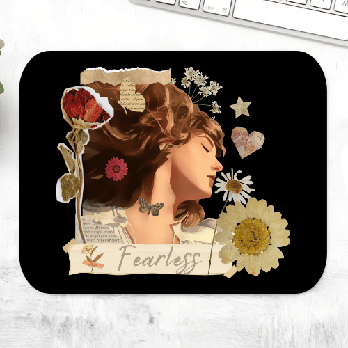 Taylor Swift Fearless mousepad with a dreamy collage portrait of a woman with pressed flowers, a butterfly and torn paper on a black mouse pad – non-slip desk mouse mat, The Banyan Tee