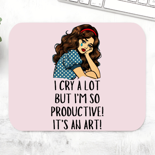 Taylor Swift I Cry A Lot But mousepad with a crying pop-art woman and the text 'I cry a lot but I'm so productive, it's an art' on a blush pink mouse pad – non-slip desk mouse mat, The Banyan Tee