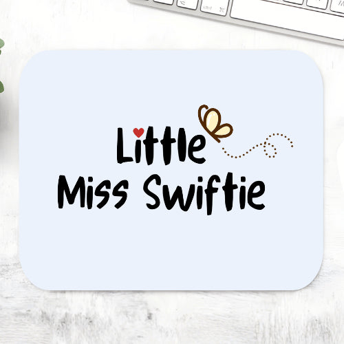 Taylor Swift Little Miss Swiftie mousepad with hand-lettered 'Little Miss Swiftie', a red heart and a butterfly on a pale blue mouse pad – non-slip desk mouse mat, The Banyan Tee