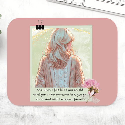 Taylor Swift Old Cardigan mousepad with an illustrated woman in a knit cardigan, a pink peony and the 'old cardigan under someone's bed' lyric on a dusty rose mouse pad – non-slip desk mouse mat, The Banyan Tee