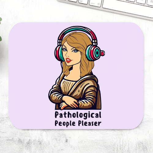 Taylor Swift Pathological People Pleaser mousepad with an illustrated blonde woman in colourful headphones and a brown jacket on a lavender mouse pad – non-slip desk mouse mat, The Banyan Tee