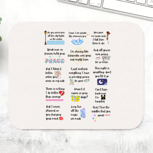 Taylor Swift Speak Now Symphony mousepad covered in a grid of 15 hand-lettered lyrics with tiny illustrations on a cream mouse pad – non-slip desk mouse mat, The Banyan Tee