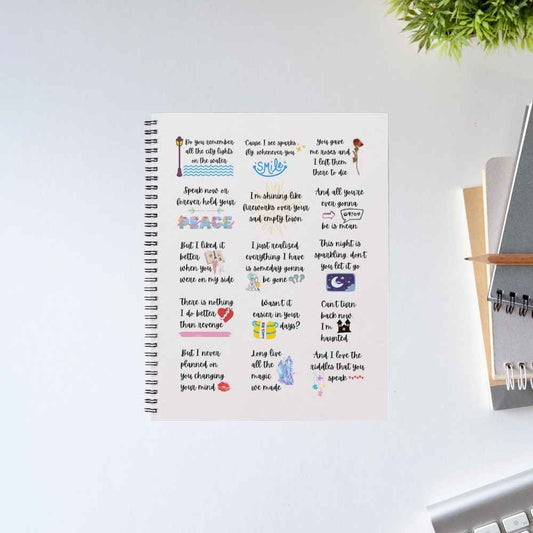 Taylor Swift Speak Now Symphony spiral notebook covered in a grid of 15 hand-lettered lyrics with tiny illustrations on a cream cover – unruled notepad diary, The Banyan Tee