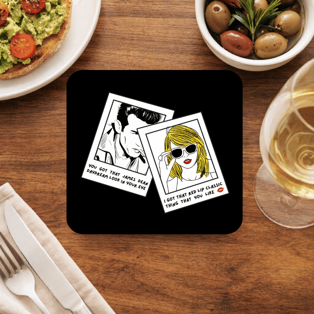 Taylor Swift Style coaster on black with two tilted polaroids, a James Dean-style portrait and a blonde in white sunglasses with red lips