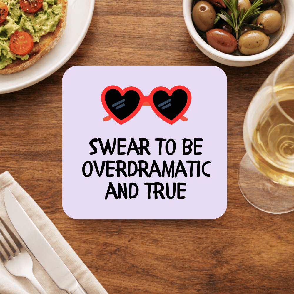 Taylor Swift Overdramatic and True coaster with red heart-shaped sunglasses and the words Swear to be overdramatic and true, on lilac