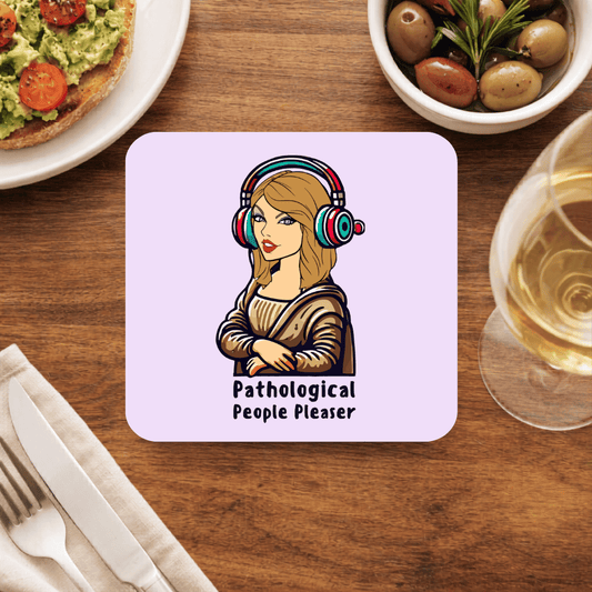 Taylor Swift Pathological People Pleaser coaster with an illustrated blonde in retro headphones striking a Mona Lisa pose, on soft lavender
