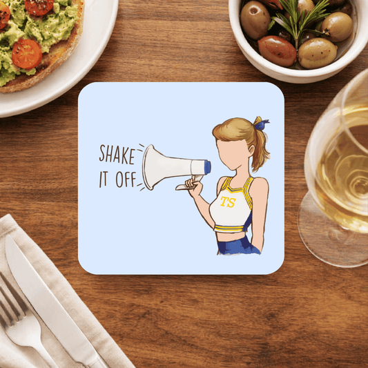 Taylor Swift Shake It Off coaster with a faceless cheerleader in a TS uniform shouting through a megaphone, on light blue