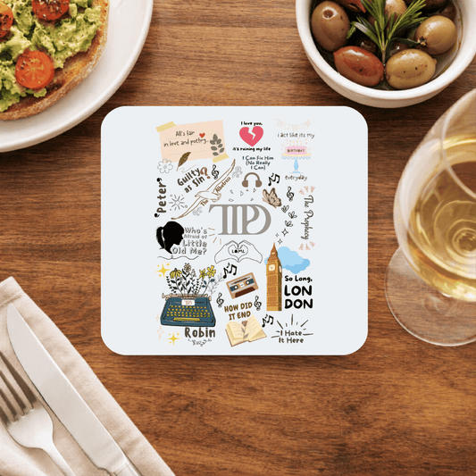 Taylor Swift Tortured Poets Department coaster packed with TTPD doodles: a teal typewriter, Big Ben, an albatross, a cassette and handwritten song titles