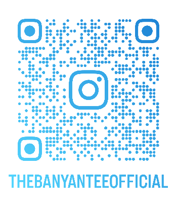 Blue QR code with Instagram logo and 'THEBANYANTEEEOFFICIAL' text on a white background