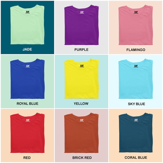 Vivid Vista Combo Pack Of 9 Multicolor combo Premium cotton T-shirt unisex tees half sleeve crew neck regular fit T-shirt colors available jade purple flamingo royal blue yellow sky blue red brick red coral blue