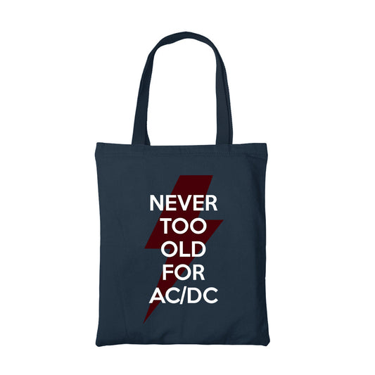 ac/dc never too old tote bag hand printed cotton women men unisex