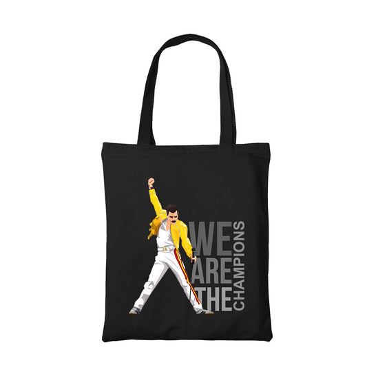queen we are the champions tote bag hand printed cotton women men unisex