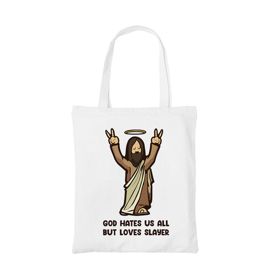 slayer god hates us all tote bag hand printed cotton women men unisex