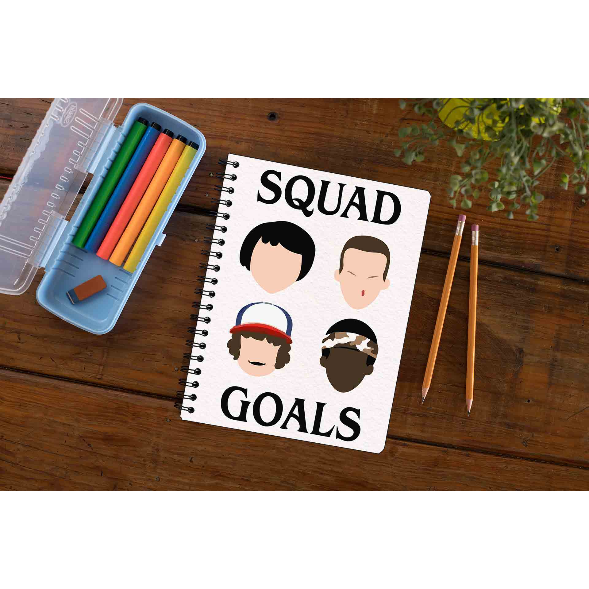 stranger things squad goals notebook notepad diary buy online india the banyan tee tbt unruled stranger things eleven demogorgon shadow monster dustin quote vector art clothing accessories merchandise