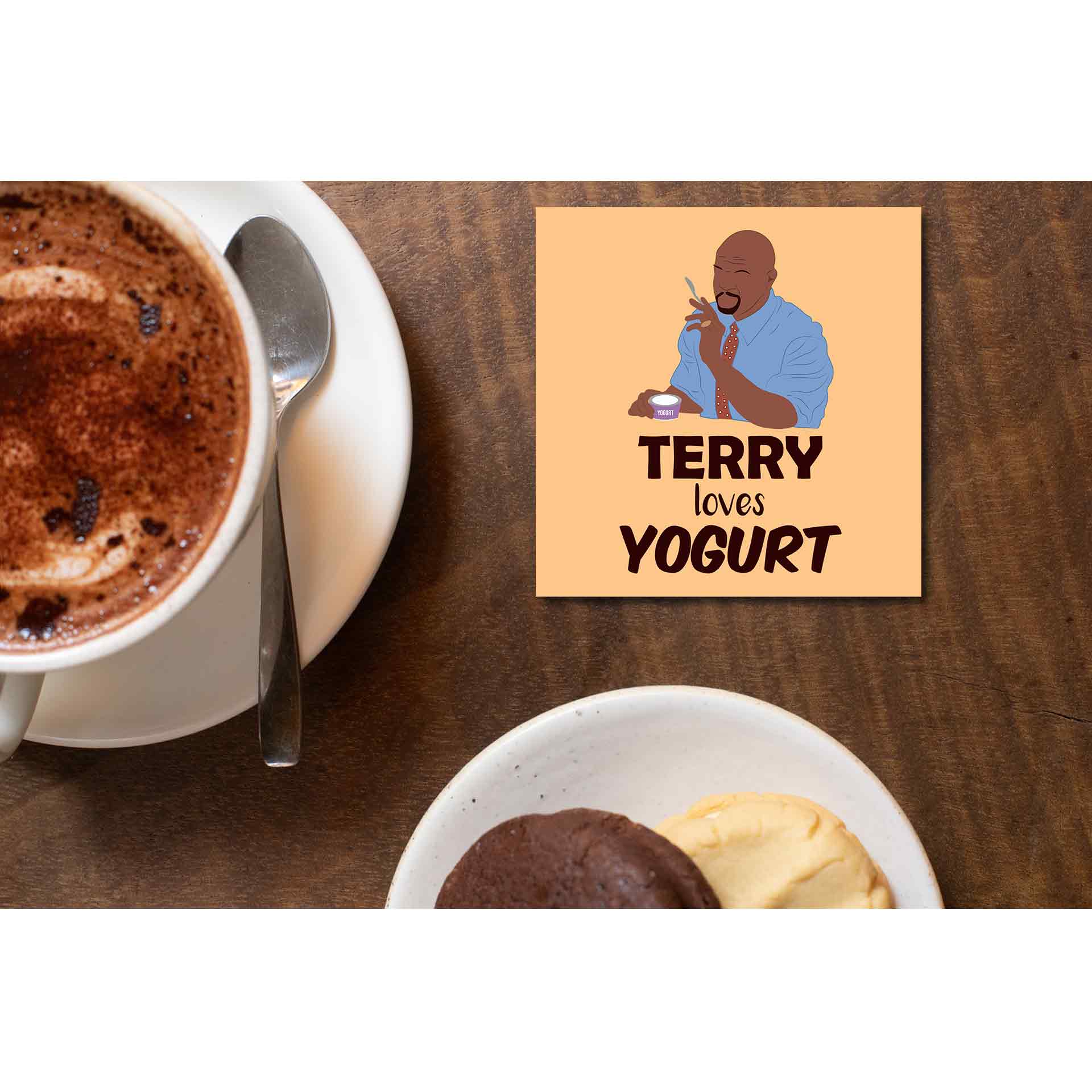 brooklyn nine-nine terry loves yogurt coasters wooden table cups indian buy online india the banyan tee tbt men women girls boys unisex  detective jake peralta terry charles boyle gina linetti andy samberg merchandise clothing acceessories