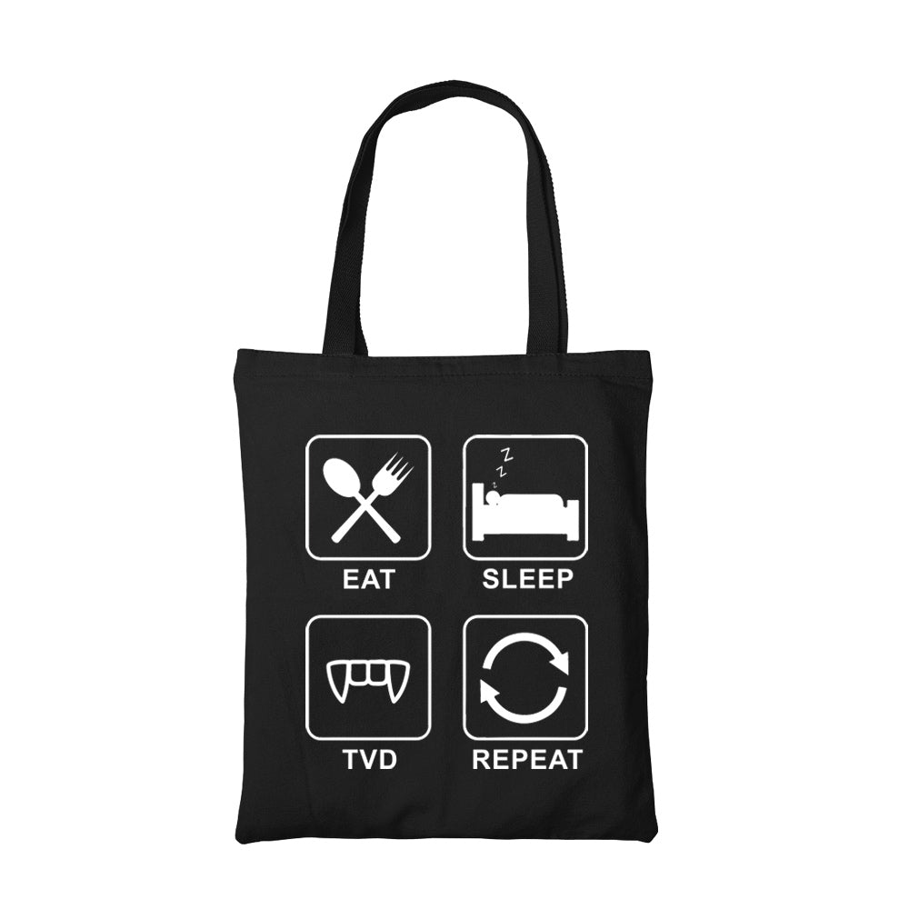 the vampire diaries eat sleep tvd repeat tote bag hand printed cotton women men unisex
