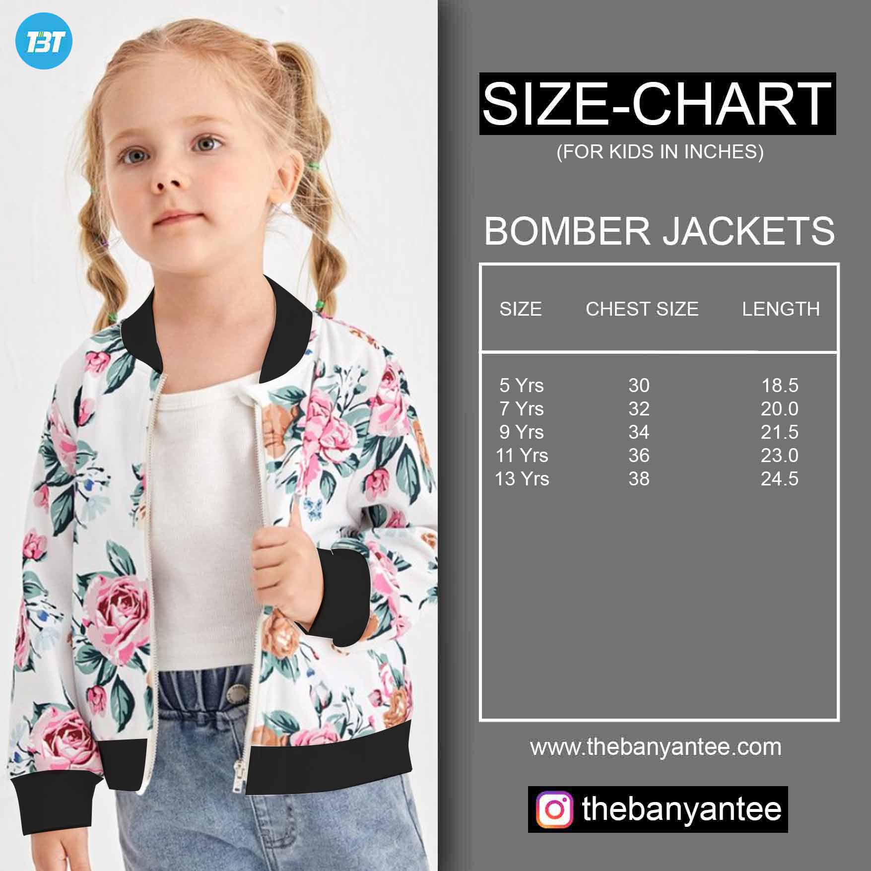 The Banyan Tee Kids's Bomber Jacket Size Chart