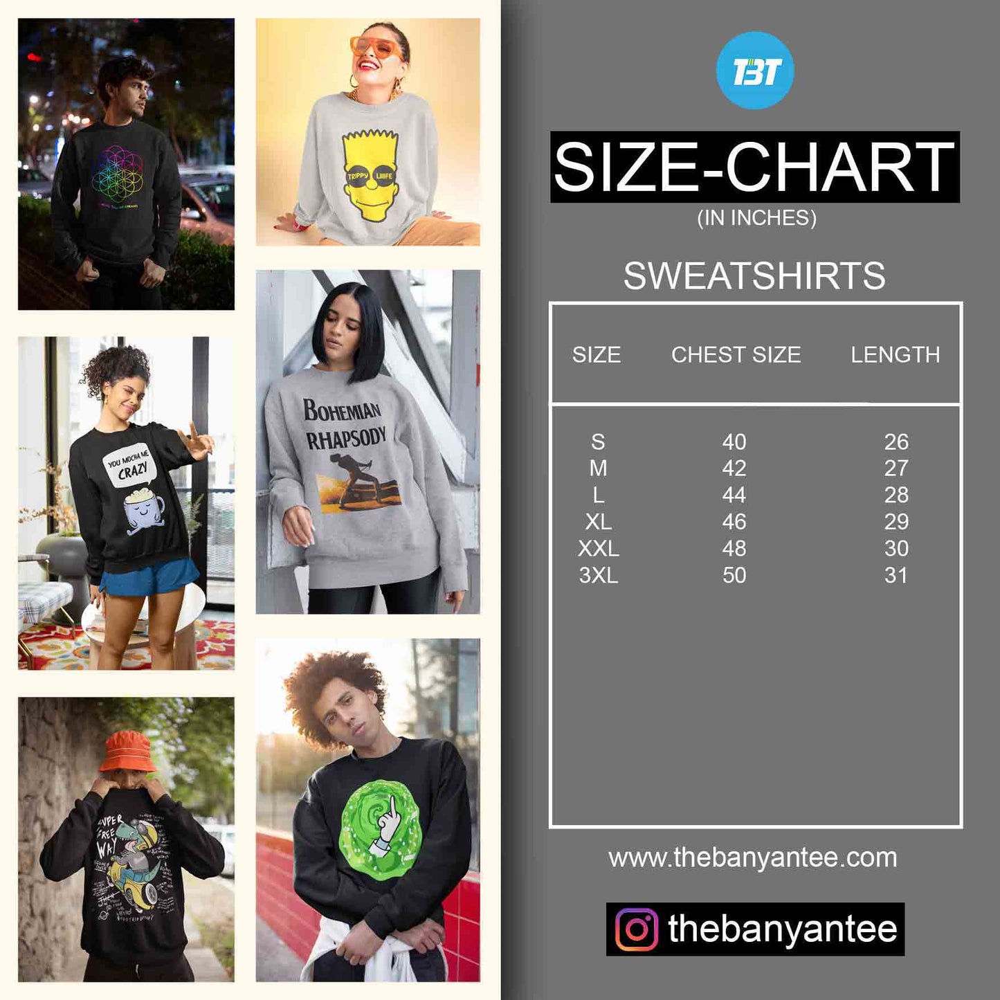 The Banyan Tee Sweatshirt Size Chart