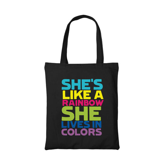 the rolling stones shes like a rainbow tote bag hand printed cotton women men unisex